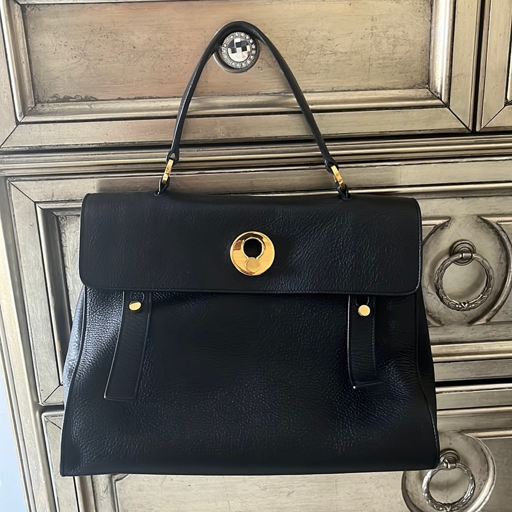 Yves Saint Laurent Black Leather Top-Handle Satchel with Gold Hardware